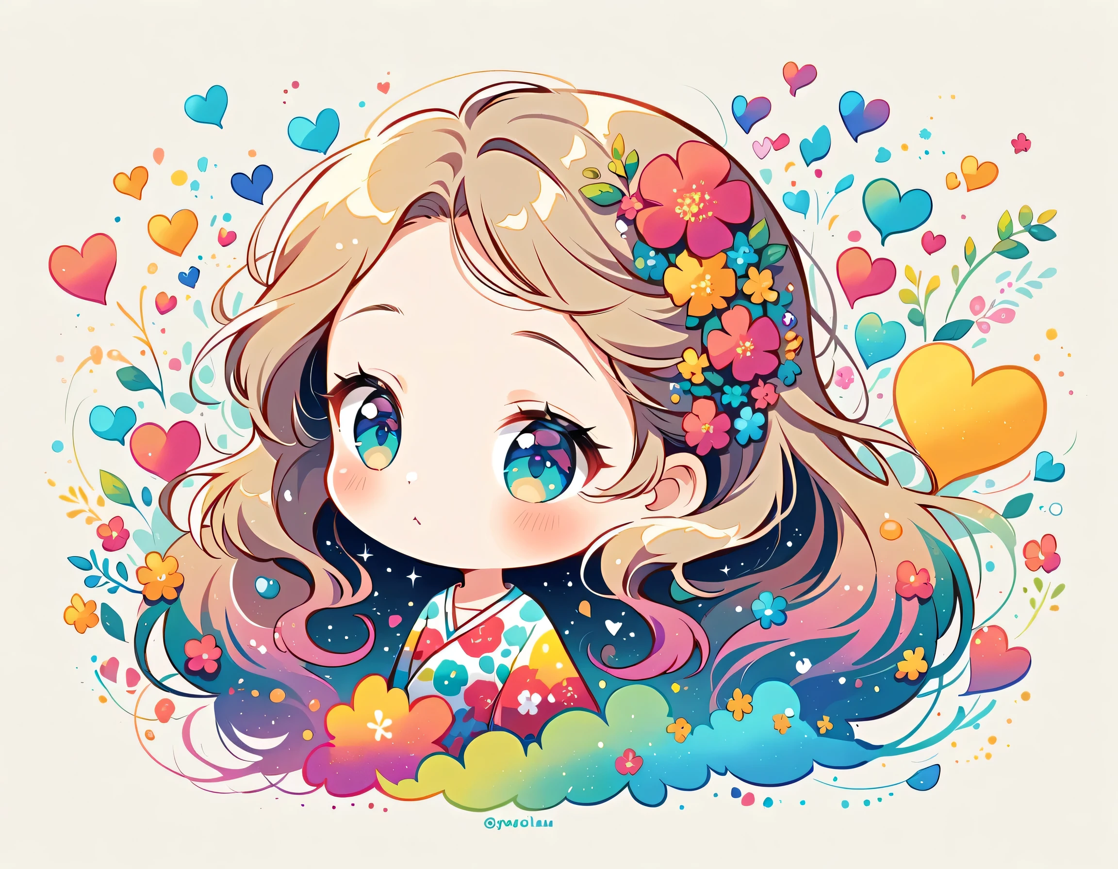 Mai Yoneyama style, Simple Line Initialism，Abstract art，Urban Background, colorful hearts ,colorful flowers, The most beautiful girl of all time, chibi