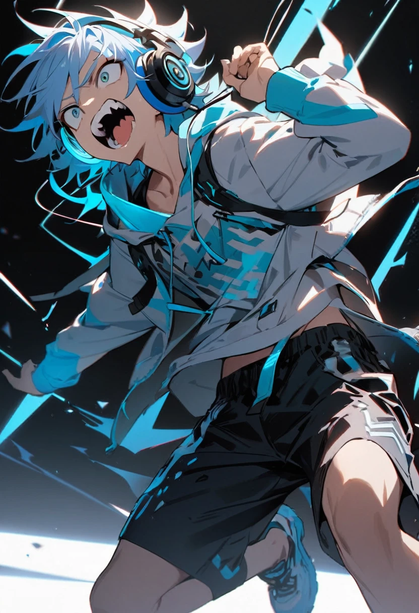 One boy, open mouth, jagged teeth, beautiful boy, light blue hair, hoodie, cyber clothes, Bermuda shorts, headphones, black background, masterpiece, best quality