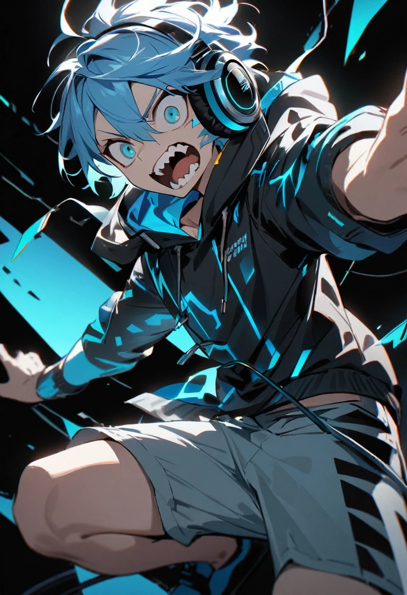 One boy, open mouth, jagged teeth, beautiful boy, light blue hair, hoodie, cyber clothes, Bermuda shorts, headphones, black background, masterpiece, best quality