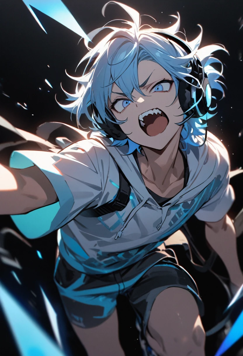 One boy, open mouth, jagged teeth, beautiful boy, light blue hair, hoodie, cyber clothes, Bermuda shorts, headphones, black background, masterpiece, best quality