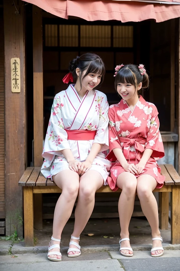 2 girls on wooden bench in old-Japanese street,floral pink yukata with red obi,18-year-old,bangs,a little smile,thighs,knees,short hair and low pigtails with red ribbon bow,from before,front light