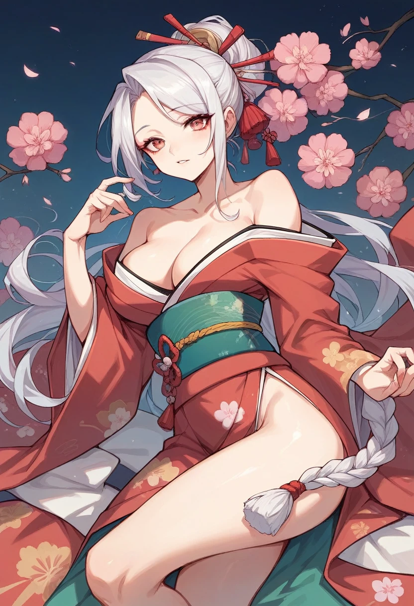 A beautiful woman wearing a kimono with a D cup