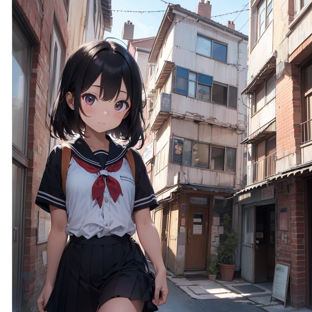 score_9, score_8_up,score_7_up,flat color,(best quality, masterpiece, ultra high-resolution, ultra-detailed: 1.2),
(A girl who is bigger than the building is walking),cute,school-uniform,