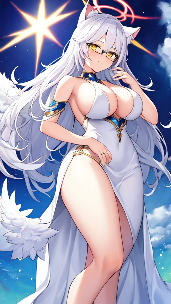A 20-year-old female angel with long, white hair, yellow eyes, white cat ears, and large white angel wings. yellow halo ring round white glasses White evening dress, full length Outfit showing side of hip, standing, looking down