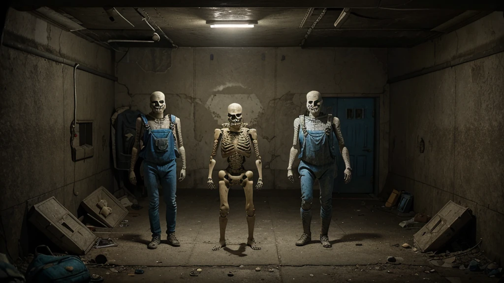 skeletons on the floor in a bunker in blue overalls Fallout 4