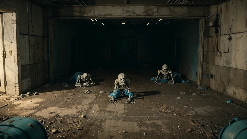 skeletons on the floor in a bunker in blue overalls Fallout 4