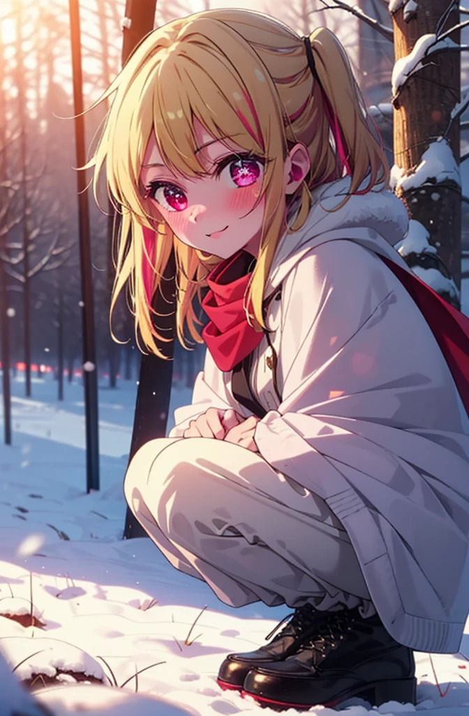 rubyhoshino, Hoshino Ruby, Long Hair, bangs, Blonde, (Pink Eyes:1.3), Side Lock, (Symbol-shaped pupil:1.5), Multicolored Hair, Two-tone hair, smile,,smile,blush,White Breath,
Open your mouth,snow,Ground bonfire, Outdoor, boots, snowing, From the side, wood, suitcase, Cape, Blurred, , forest, White handbag, nature,  Squat, Mouth closed, Cape, winter, Written boundary depth, Black shoes, red Cape break looking at viewer, Upper Body, whole body, break Outdoor, forest, nature, break (masterpiece:1.2), Highest quality, High resolution, unity 8k wallpaper, (shape:0.8), (Beautiful and beautiful eyes:1.6), Highly detailed face, Perfect lighting, Highly detailed CG, (Perfect hands, Perfect Anatomy),