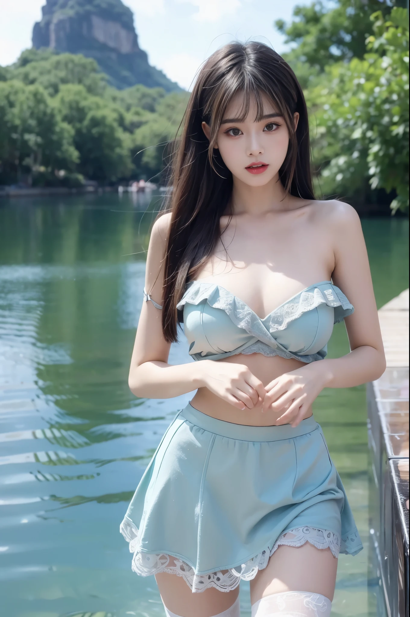 bikini under clothes, under clothes, ((Large )), ((D cup)), Visible ，Highly detailed face and skin texture，(( shoulder)), Double eyelids，Skin Whitening，Long hair，Whitening long legs，Standing by the sea, Fashion Girl, Red lips, Sweet Girl, Beautiful makeup, detail, lifelike, Very detailed, Astonishing, beautiful, Young and energetic, high quality，HD, Colorful， Beautifully, Smooth skin, The skirt is very short, Official Art, Extremely detailed, Movie atmosphere, Soft colors, Natural skin texture, Random scene, random shooting Angle, Black over-the-knee socks, lace hem