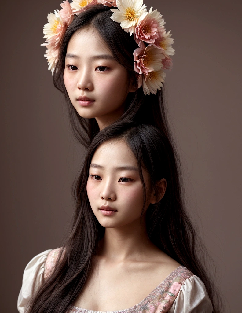 A portrait of an Asian girl with large flowers floating around her, dressed in flowing fabrics and surrounded by soft pastel colors. The style is ethereal and dreamy, reminiscent of digital art. She has delicate features and looks at the camera intently. Her hair flows elegantly behind her head, adding to the sense that she feels like she's floating. This artwork captures both beauty and emotion. It uses soft lighting to enhance its overall effect. The portrait is in the style of ethereal and dreamy digital art