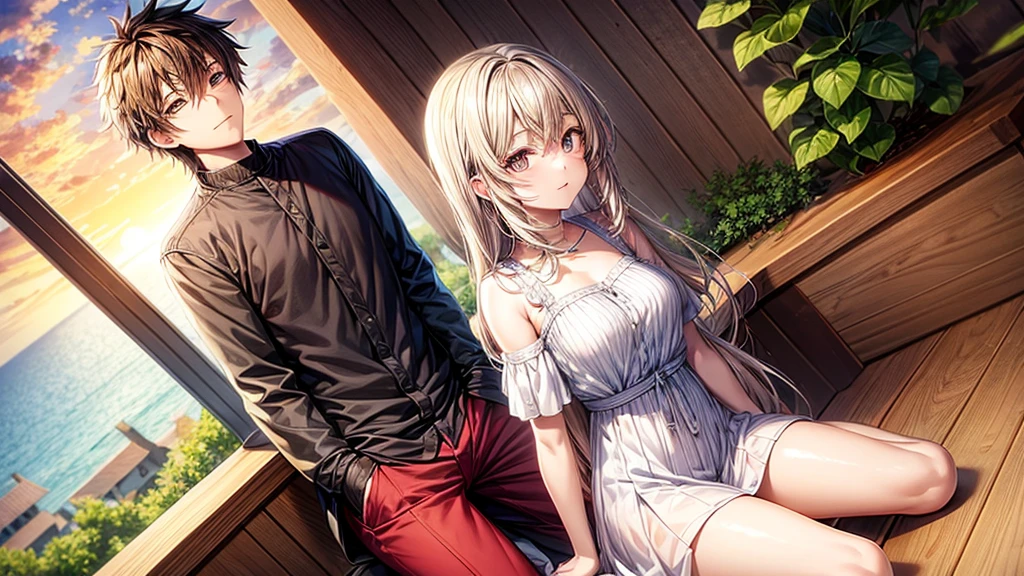 anime, a boy and a girl sitting watching the sunset, pies, view only at the feet, pies