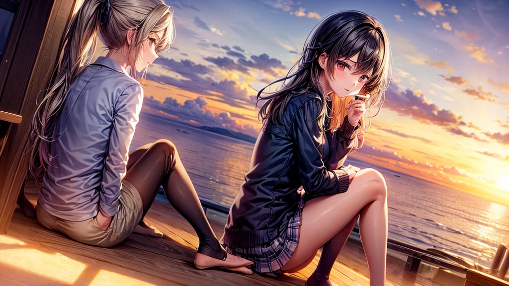 anime, a boy and a girl sitting watching the sunset, pies, view only at the feet, pies