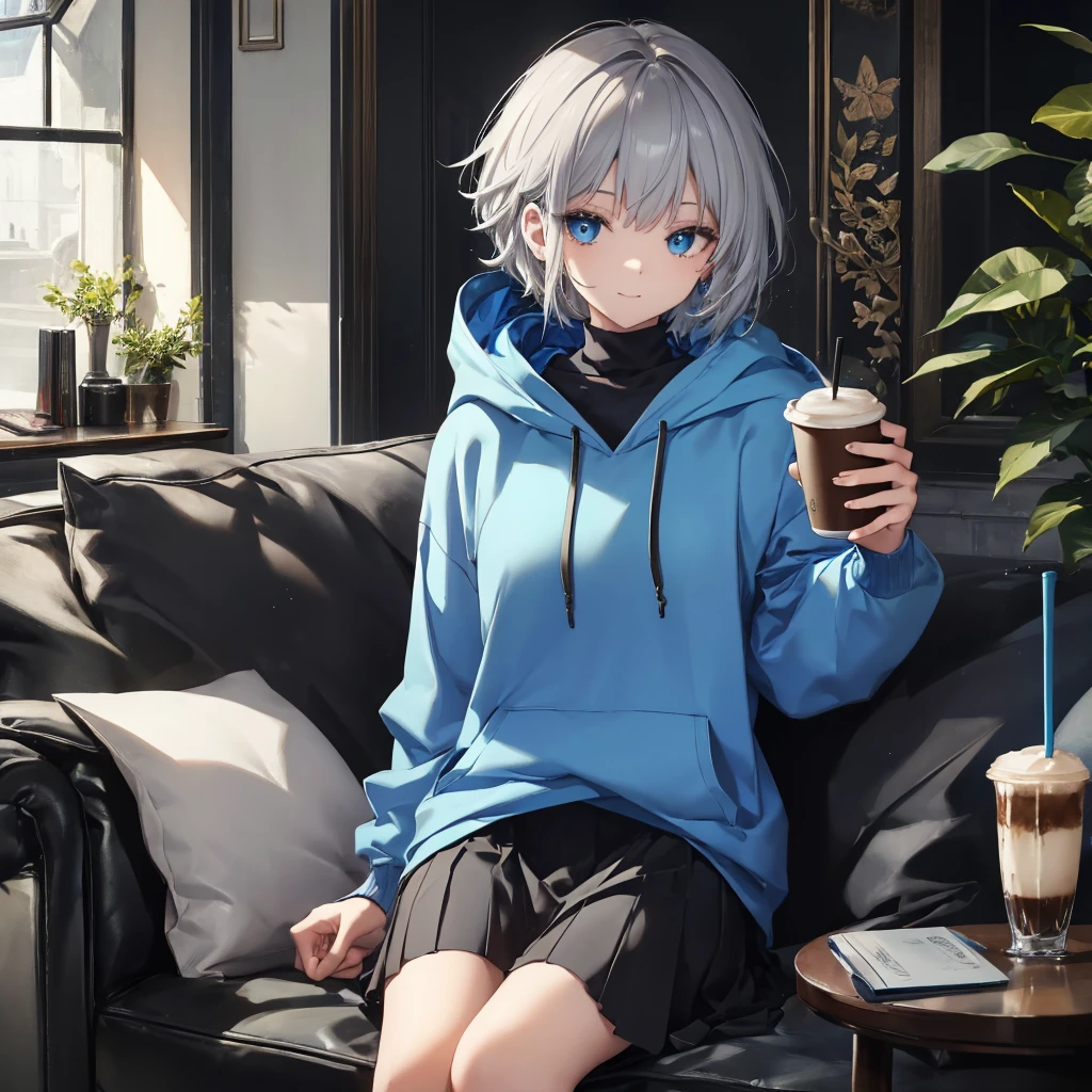 (((1 person Gray Hair Sit on the sofa Crossing your legs blue eyes))) ((High resolution short hair hoodie Black Skirt Rin々Funny face)) ((Close-up)) ((Blue butterfly Asahi Shining Aura Catch the wind Holding a cup Drink coffee)) (smile Bathed in light) Shining Background Shining Edge