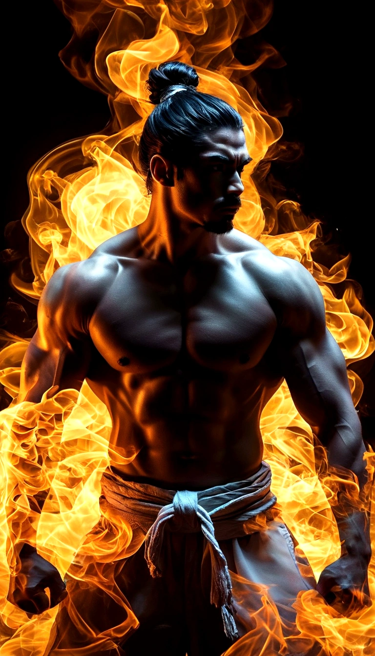 photoillustration of two tones, a man composed of fire, a man composed of black-smoke, upper torso, symmetrically merged, seamless mix, texture and pattern, transparency effect, iconic karate stance, muscles, dramatic shadows, dramatic lights, interlacing elements, front view, fantasy art, digital manipulated photo art