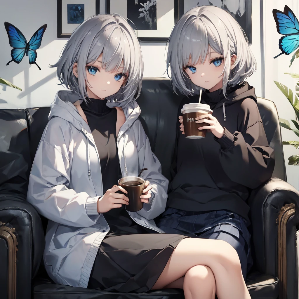 (((1 person Gray Hair Sit on the sofa Crossing your legs blue eyes))) ((High resolution short hair hoodie Black Skirt Rin々Funny face)) ((Close-up)) ((Blue butterfly Asahi Shining Aura Catch the wind Holding a cup Drink coffee)) (smile Bathed in light) Shining Background Shining Edge