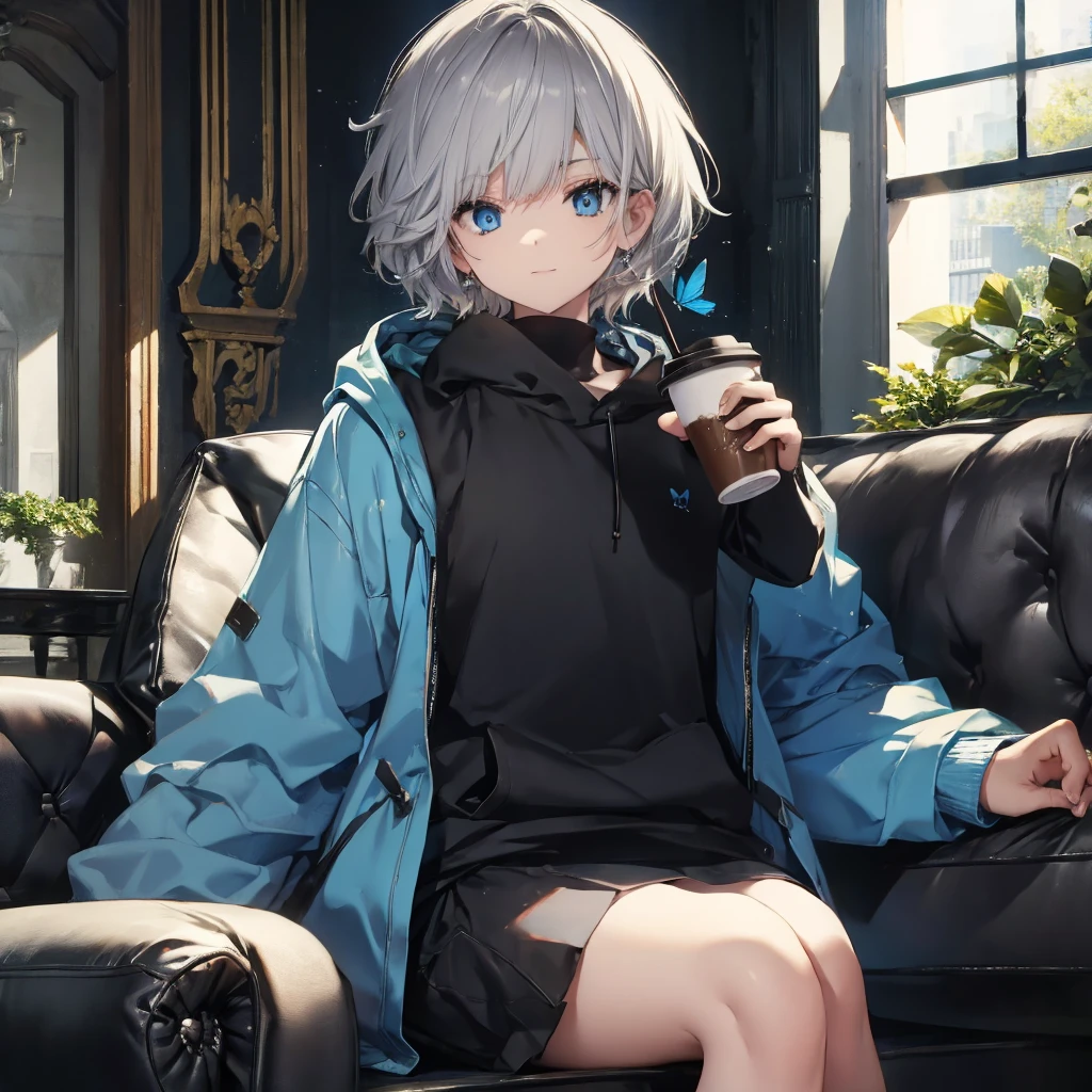 (((1 person Gray Hair Sit on the sofa Crossing your legs blue eyes))) ((High resolution short hair hoodie Black Skirt Rin々Funny face)) ((Close-up)) ((Blue butterfly Asahi Shining Aura Catch the wind Holding a cup Drink coffee)) (smile Bathed in light) Shining Background Shining Edge