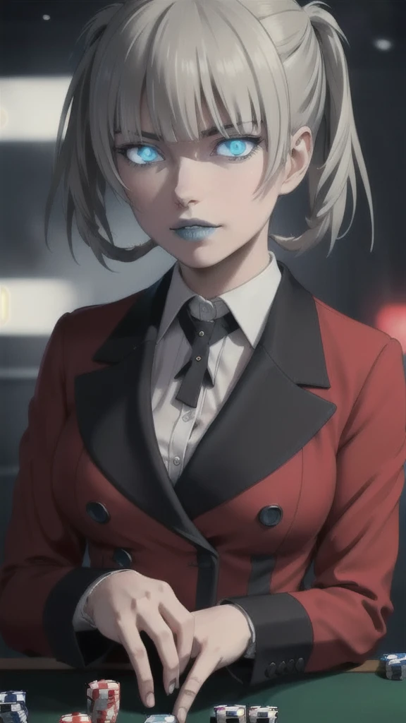 1 Girl, Simobami, Intense glare, Hair ring, Gray hair, masterpiece, beautiful, portrait, close up, Blue lips, Red Jacket, Double-breasted coat, School_, Medium breasts, Glowing eyes, poker, Card