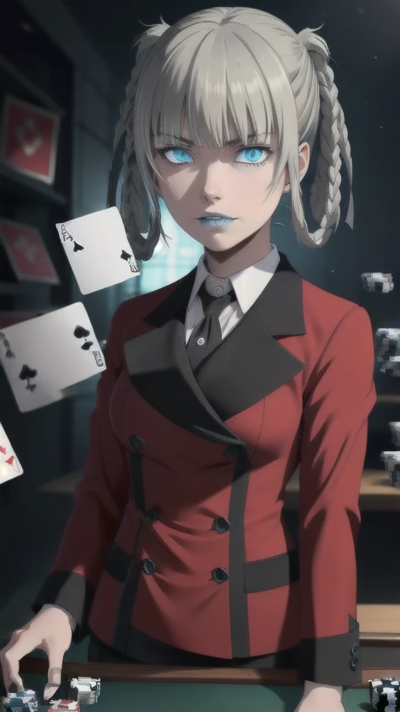 1 Girl, Simobami,  Intense glare, Hair ring, Gray hair, masterpiece, beautiful, portrait, close up, Blue lips, Red Jacket, Double-breasted coat, School_, Medium breasts, Glowing eyes, poker, Card