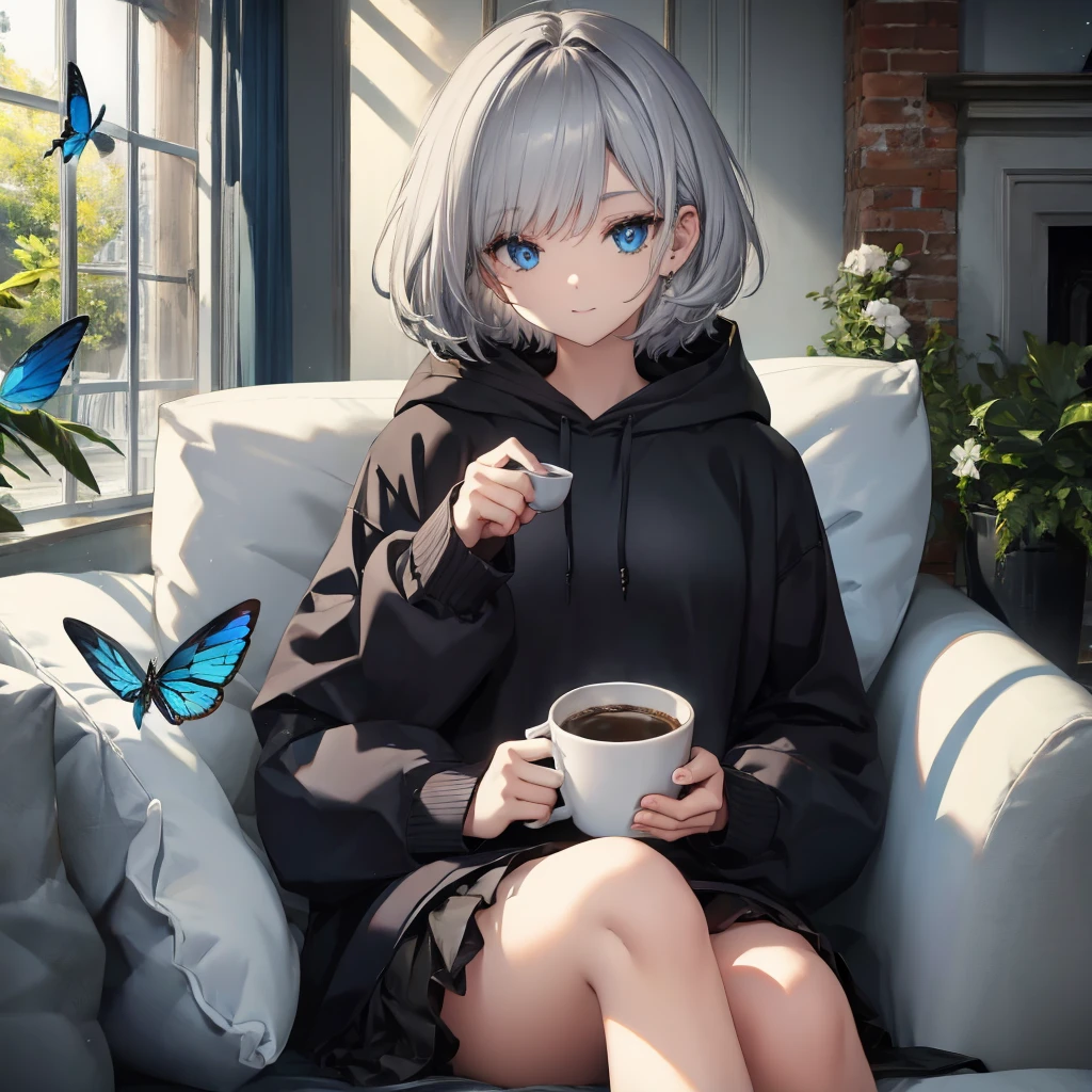 (((1 person　Gray Hair　Sit on the sofa　Crossing your legs　blue eyes)))　((High resolution　short hair　hoodie　Black Skirt　Rin々Funny face))　((Close-up))　((Blue butterfly　Asahi　Shining Aura　Catch the wind　Holding a cup　Drink coffee))　(smile　Bathed in light)　Shining Background　Shining Edge