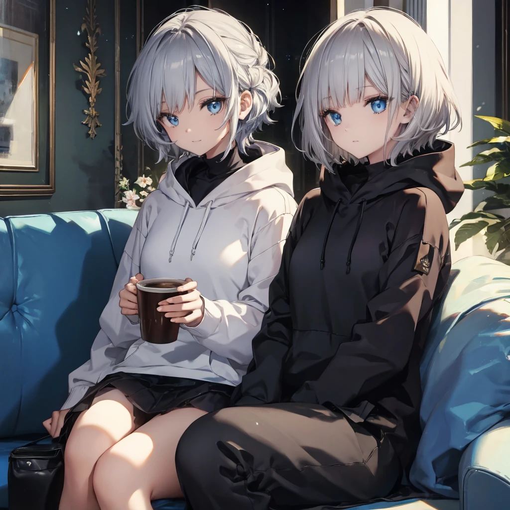 (((1 person Gray Hair Sit on the sofa Crossing your legs blue eyes))) ((High resolution short hair hoodie Black Skirt Rin々Funny face)) ((Close-up)) ((Blue butterfly Asahi Shining Aura Catch the wind Holding a cup Drink coffee)) (smile Bathed in light) Shining Background Shining Edge