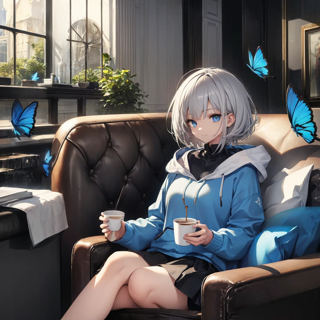 (((1 person　Gray Hair　Sit on the sofa　Crossing your legs　blue eyes)))　((High resolution　short hair　hoodie　Black Skirt　Rin々Funny face))　((Close-up))　((Blue butterfly　Asahi　Shining Aura　Catch the wind　Holding a cup　Drink coffee))　(smile　Bathed in light)　Shining Background　Shining Edge