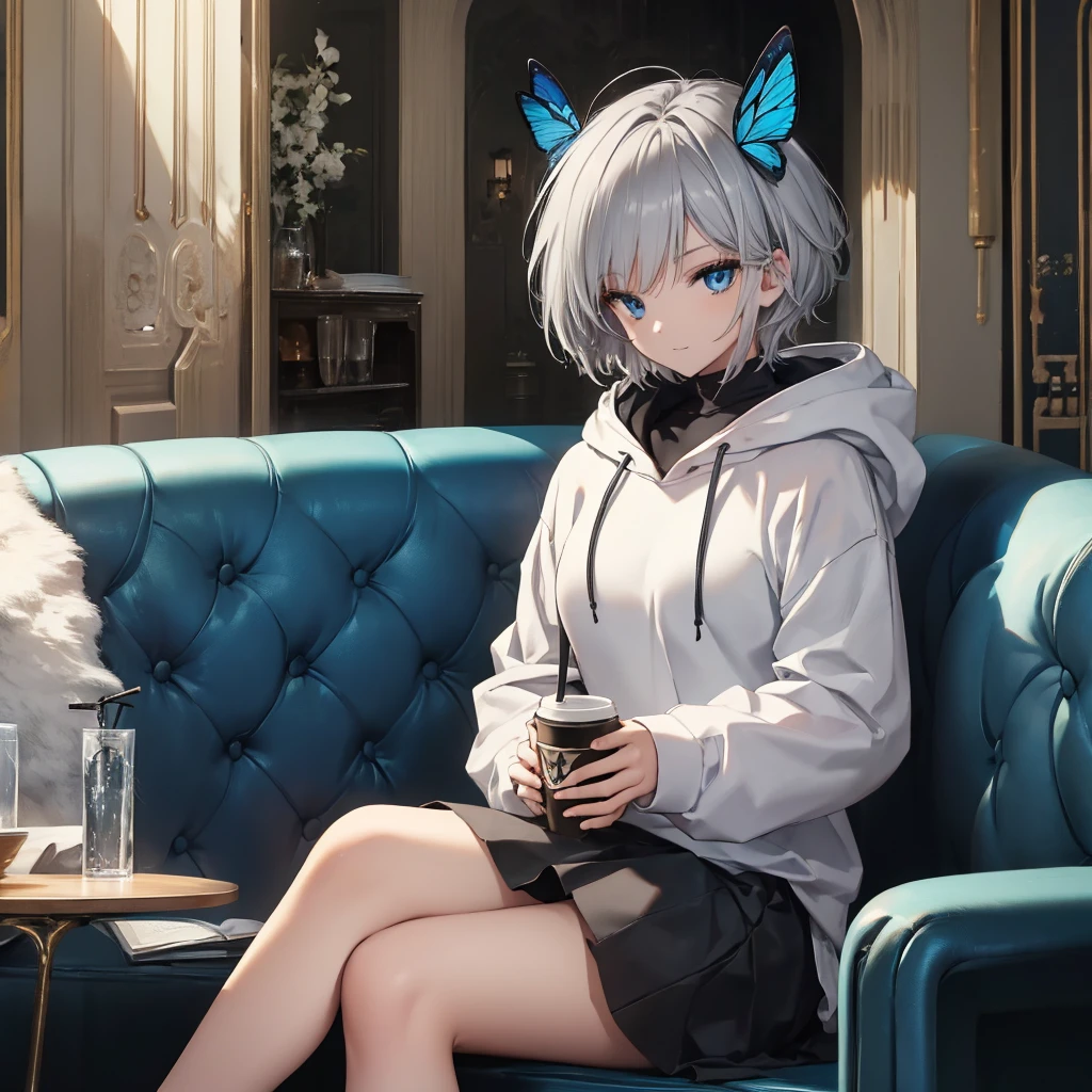 (((1 person　Gray Hair　Sit on the sofa　Crossing your legs　blue eyes)))　((High resolution　short hair　hoodie　Black Skirt　Rin々Funny face))　((Close-up))　((Blue butterfly　Asahi　Shining Aura　Catch the wind　Holding a cup　Drink coffee))　(smile　Bathed in light)　Shining Background　Shining Edge