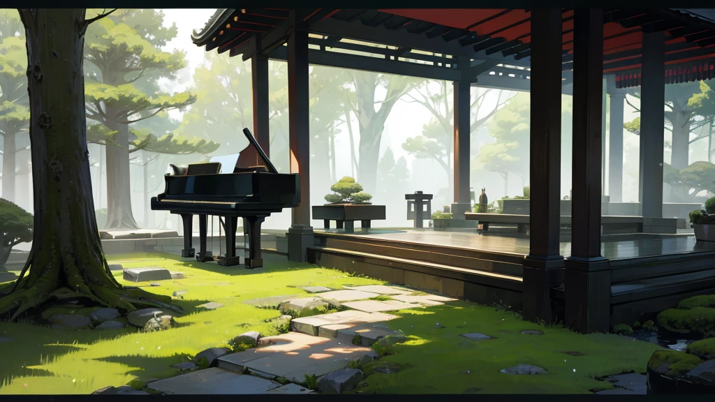 A large black grand piano stands in a mossy Japanese garden