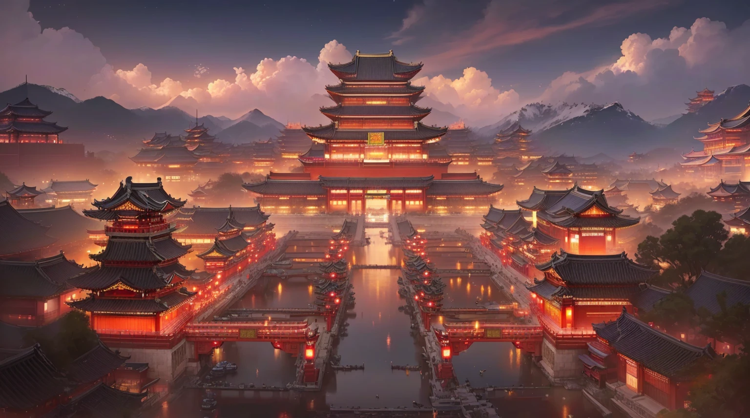 A photo of a Chinese city at night taken from a distance, Beautiful rendering of the Tang Dynasty, Cyberpunk Chinese Ancient Castle, Dreamy Chinatown, author Victor Wang, Popular on cgstation, author：Yang J, Ross Chen. Landscape background, rossdraws Global Illumination, Japanese cities, Andreas Rocha style, Tang Dynasty Palace, Traditional Japanese concept art, 8k high quality detailed art