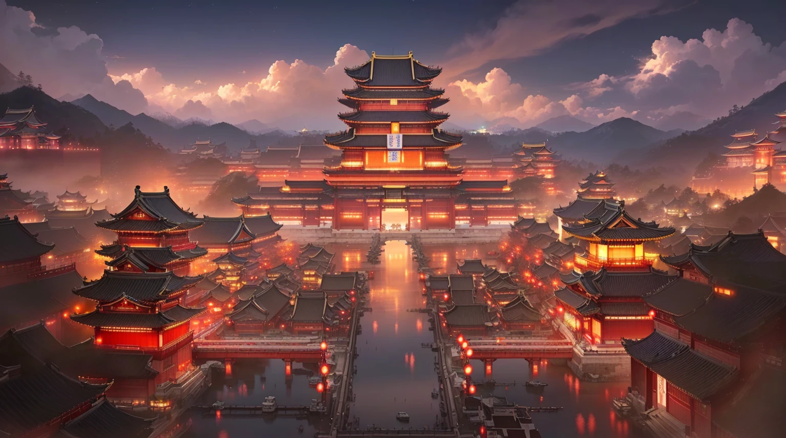 A photo of a Chinese city at night taken from a distance, Beautiful rendering of the Tang Dynasty, Cyberpunk Chinese Ancient Castle, Dreamy Chinatown, author Victor Wang, Popular on cgstation, author:Yang J, Ross Chen. Landscape background, rossdraws Global Illumination, Japanese cities, Andreas Rocha style, Tang Dynasty Palace, Traditional Japanese concept art, 8k high quality detailed art