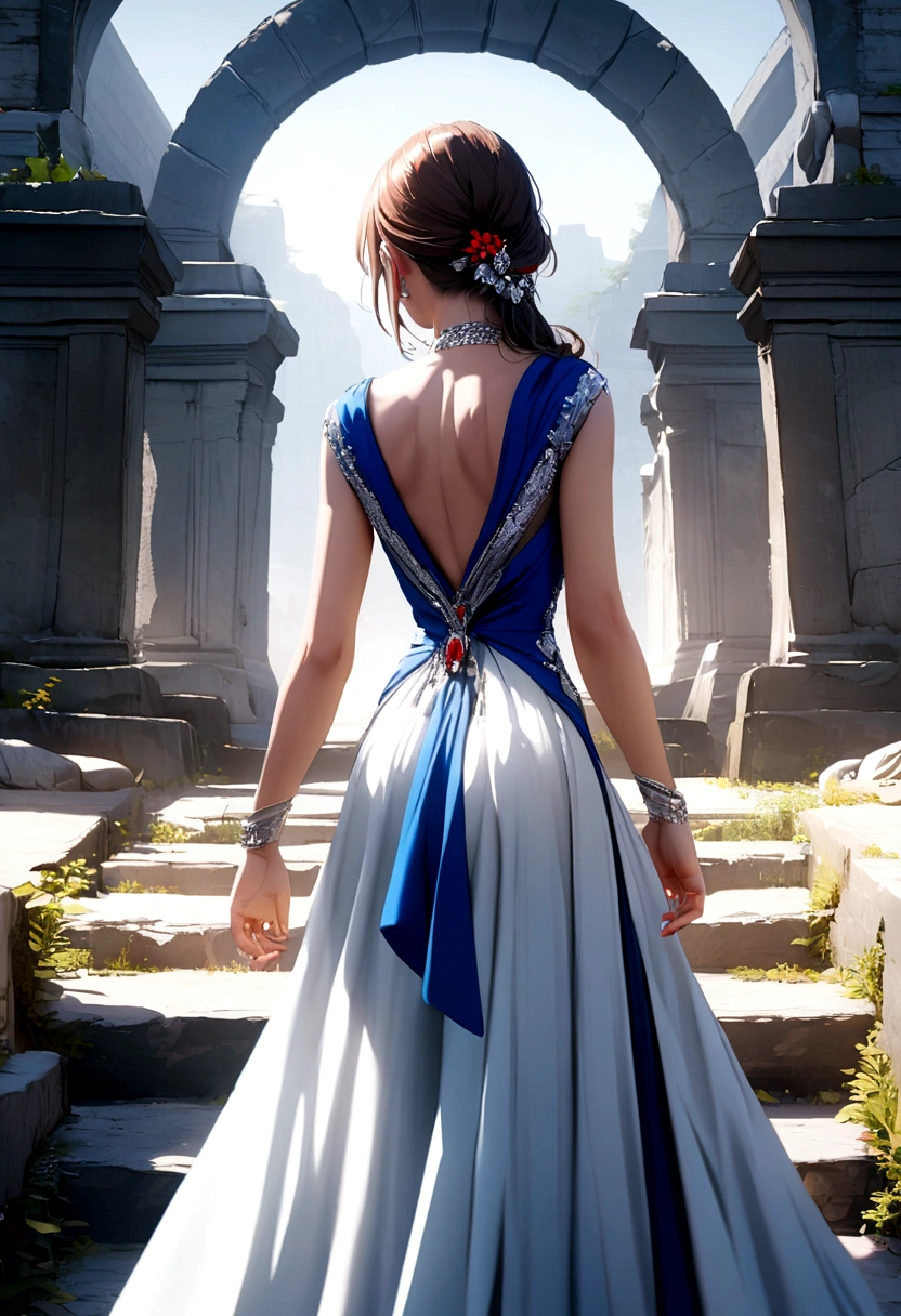 Tomb Raider in elegant dress in tricolor blue white red