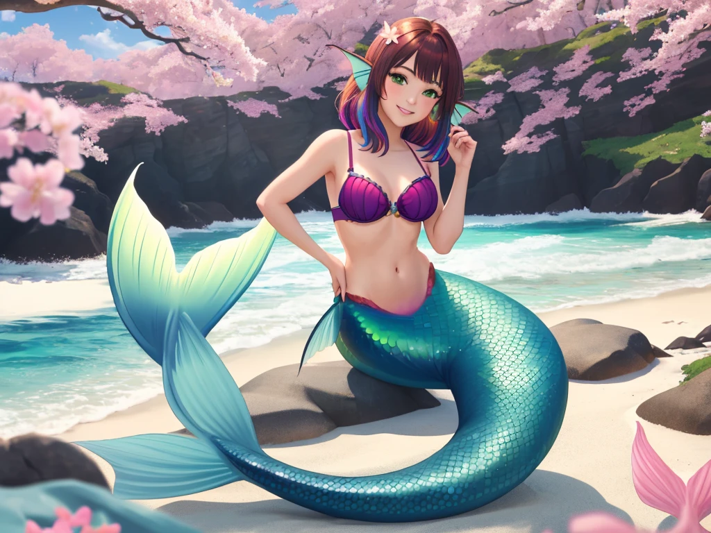 masterpiece, best quality:1.2), 1girl, smile, looking at viewer, green eyes, short brown multicolored hair, mermaid, mermaid girl, wearing purple seashell bra, laying on belly on beach, colorful mermaid tail, outdoors, head fins, fin ears, under cherry blossoms