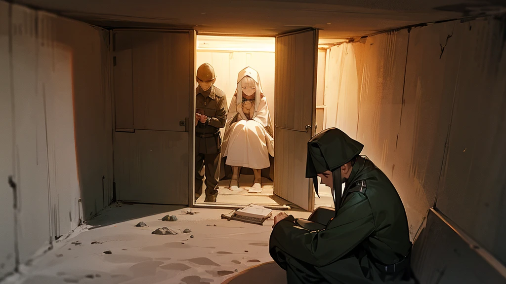 Men pray to one holy girl in a bunker.