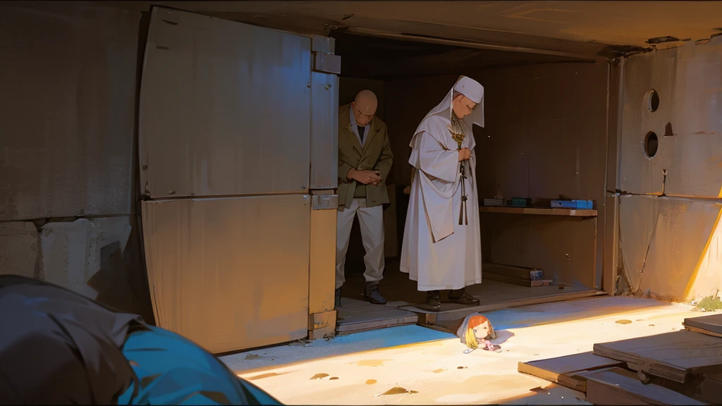 Men pray to one holy girl in a bunker.