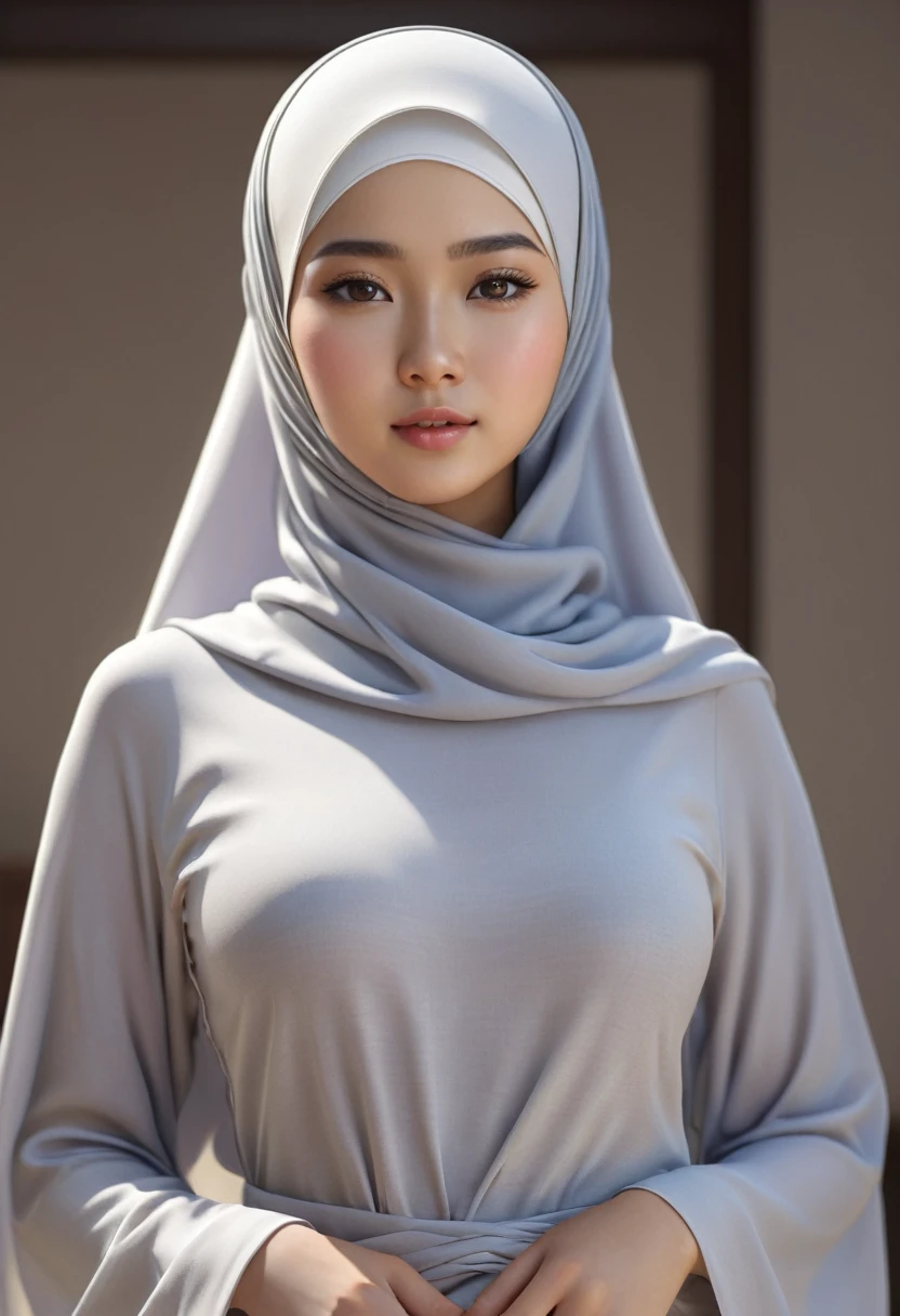 8k, hyper resolution, extremely detailed, A highly detailed, full body 3D rendering of a realistic naked chinese young girl and only wearing a hijab with accurate face and wearing g-string. She is nude and standing confidently showing sexy body, badroom background, drawing attention to its cheerful and elegant appearance. Her skin is smooth, naturally glowing and healthy, and her eyes are bright and expressive. The overall style is a mix of realism and a hint of cartoon features, giving it a lively look. use soft photography lighting