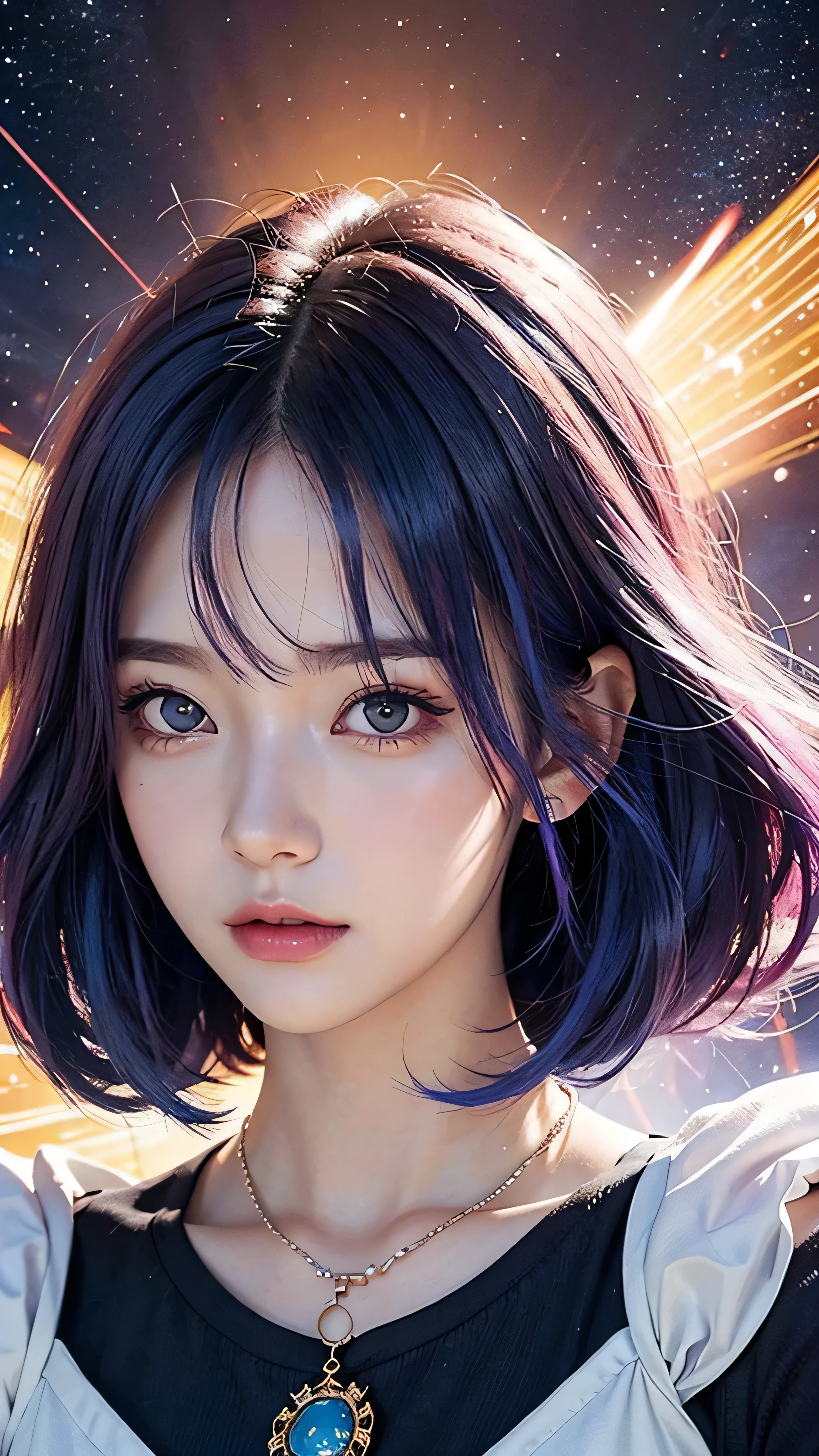 Close-up portrait:Stunning anime girl with space colored hair and necklace (up_portraitClose price:1.3)Enchanting anime girl with vibrant space-colored hair、Rossdraws' soft vitality(Rossdraws_soft_vitality:1.5)、Govezスタイルのアートワーク(Govez_style:1.3)、Fantasy art style(fantasy_art_style:1.4)、Colorful digital fantasy art(Digital_fantasy_art:1.4)、Stunning and beautiful anime style(beautiful_アニメ_style:1.5)、