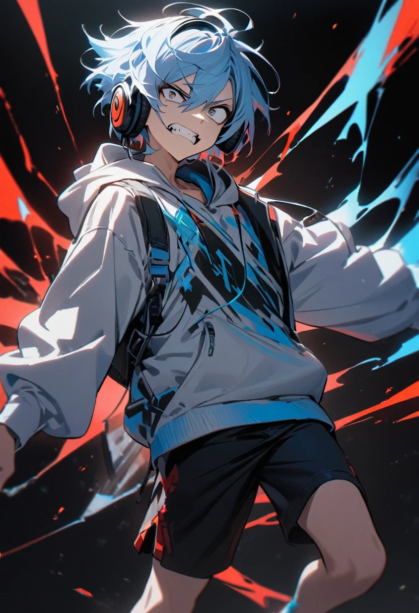 One boy, Jagged teeth, Beautiful boy, Light blue hair, Hoodie, Cyber clothes, Bermuda shorts, Headphones, Black background, Masterpiece, Best quality