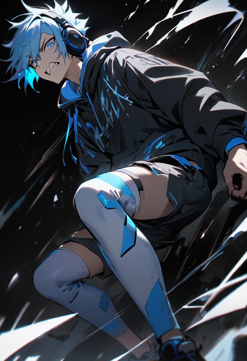 One boy, Jagged teeth, Beautiful boy, Light blue hair, Hoodie, Cyber ​​clothes, Bermuda shorts, Headphones, Black background, Masterpiece, Best quality