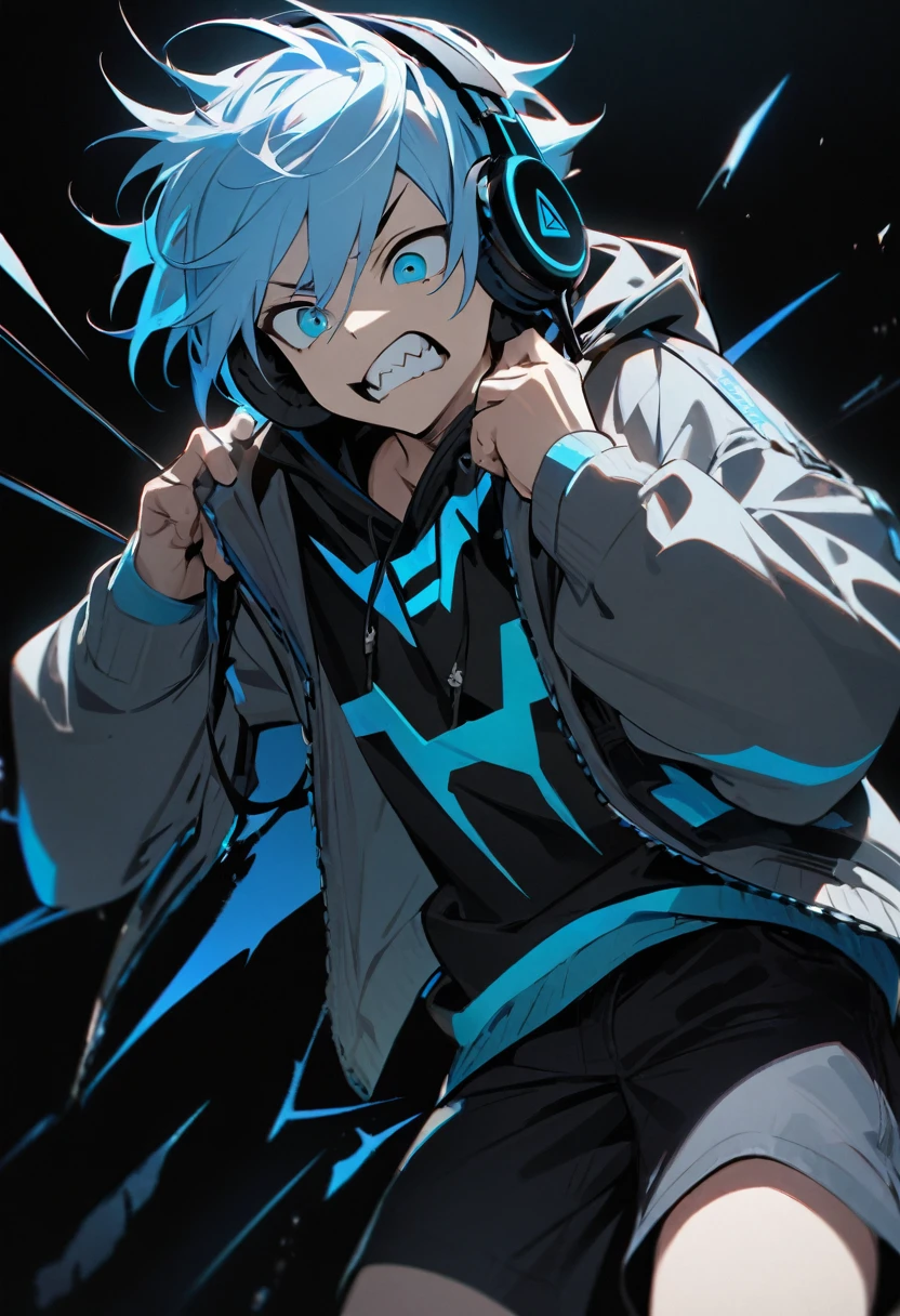One boy, Jagged teeth, Beautiful boy, Light blue hair, Hoodie, Cyber clothes, Bermuda shorts, Headphones, Black background, Masterpiece, Best quality