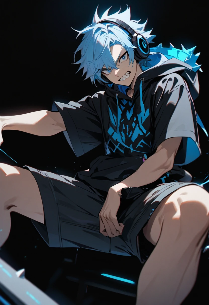 One boy, Jagged teeth, Beautiful boy, Light blue hair, Hoodie, Cyber clothes, Bermuda shorts, Headphones, Black background, Masterpiece, Best quality