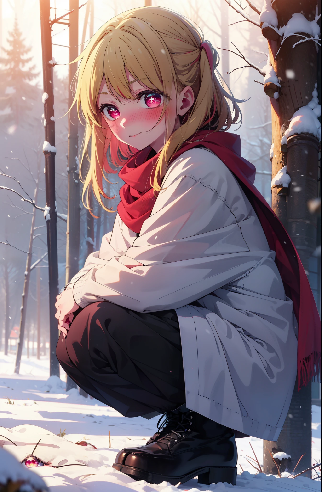 rubyhoshino, Hoshino Ruby, Long Hair, bangs, Blonde, (Pink Eyes:1.3), Side Lock, (Symbol-shaped pupil:1.5), Multicolored Hair, Two-tone hair, smile,,smile,blush,White Breath,
Open your mouth,snow,Ground bonfire, Outdoor, boots, snowing, From the side, wood, suitcase, Cape, Blurred, , forest, White handbag, nature,  Squat, Mouth closed, Cape, winter, Written boundary depth, Black shoes, red Cape break looking at viewer, Upper Body, whole body, break Outdoor, forest, nature, break (masterpiece:1.2), Highest quality, High resolution, unity 8k wallpaper, (shape:0.8), (Beautiful and beautiful eyes:1.6), Highly detailed face, Perfect lighting, Highly detailed CG, (Perfect hands, Perfect Anatomy),