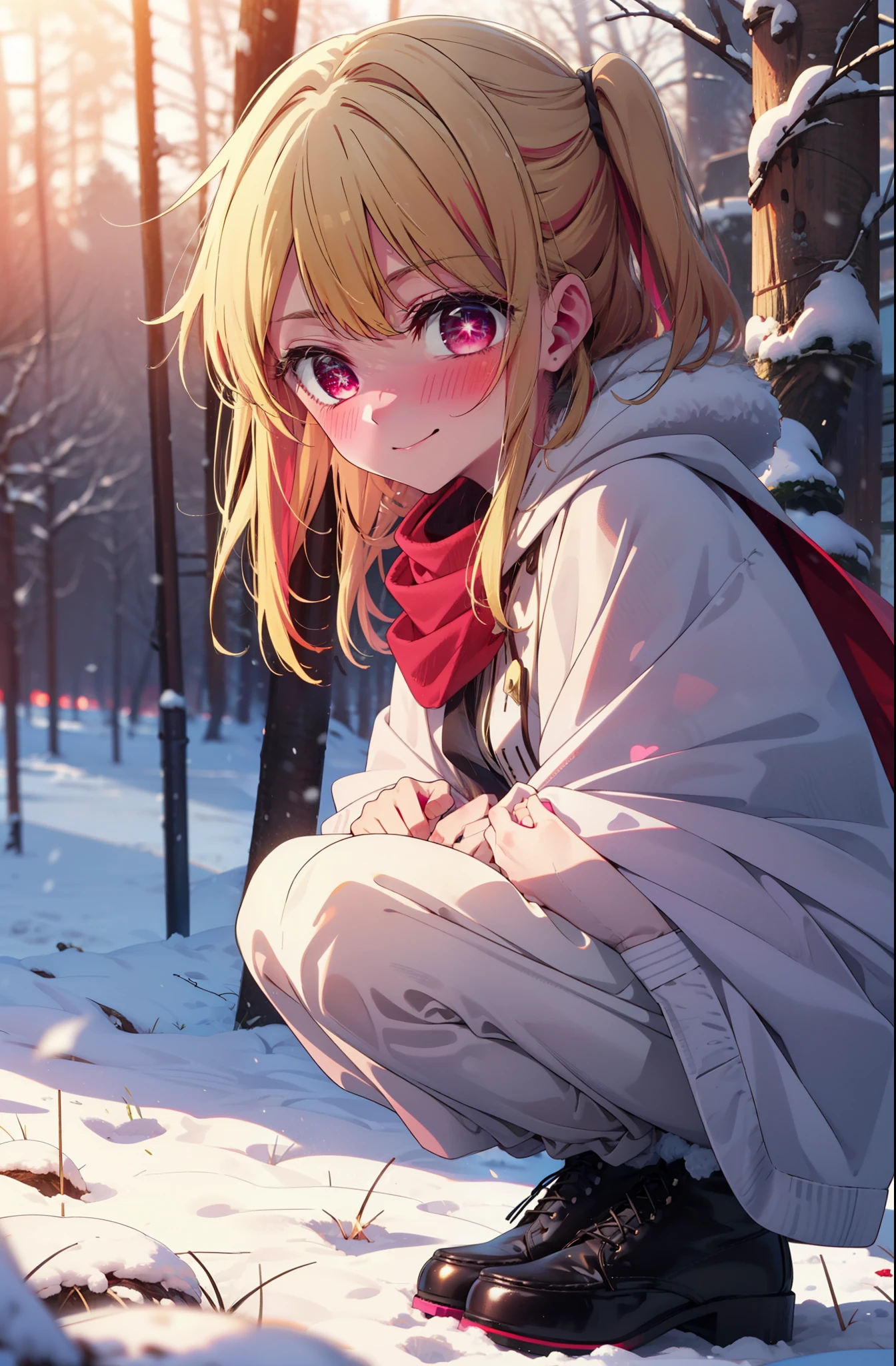 rubyhoshino, Hoshino Ruby, Long Hair, bangs, Blonde, (Pink Eyes:1.3), Side Lock, (Symbol-shaped pupil:1.5), Multicolored Hair, Two-tone hair, smile,,smile,blush,White Breath,
Open your mouth,snow,Ground bonfire, Outdoor, boots, snowing, From the side, wood, suitcase, Cape, Blurred, , forest, White handbag, nature, Squat, Mouth closed, Cape, winter, Written boundary depth, Black shoes, red Cape break looking at viewer, Upper Body, whole body, break Outdoor, forest, nature, break (masterpiece:1.2), Highest quality, High resolution, unity 8k wallpaper, (shape:0.8), (Beautiful and beautiful eyes:1.6), Highly detailed face, Perfect lighting, Highly detailed CG, (Perfect hands, Perfect Anatomy),