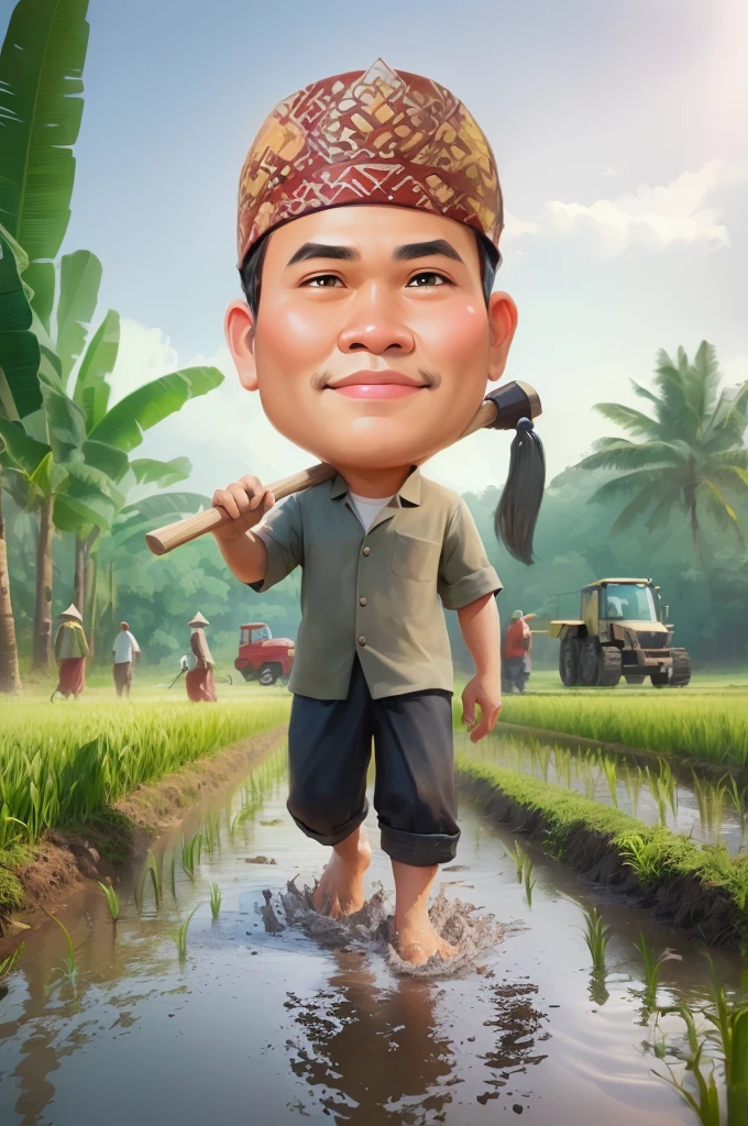cartoon man walking through a muddy field with a hoe, The head wears a typical Javanese headgear blangkon, caricature illustration, farmer, Indonesian farmer, caricature style, cartoon portrait, cartoon digital painting, caricature, official illustration, cartoon digital art, in cartoon style, inspired by Rudy Siswanto, inspired by I Ketut Soki, potrait, digital cartoon painting art, digital art cartoon, cartoon artstyle