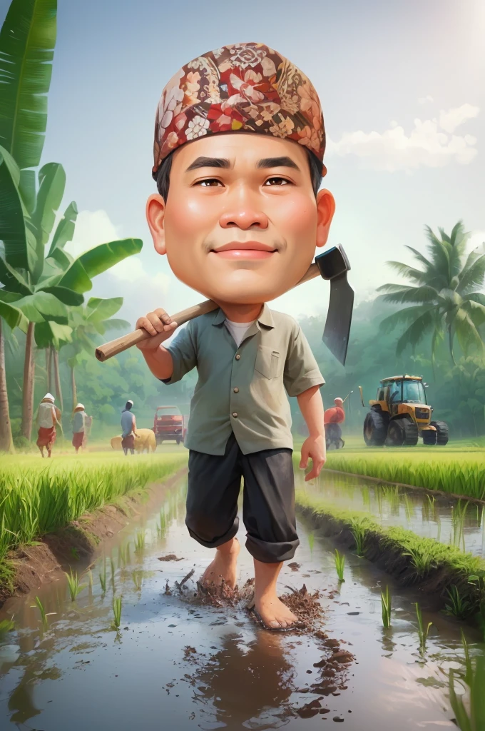 cartoon man walking through a muddy field with a hoe, The head wears a typical Javanese headgear blangkon, caricature illustration, farmer, Indonesian farmer, caricature style, cartoon portrait, cartoon digital painting, caricature, official illustration, cartoon digital art, in cartoon style, inspired by Rudy Siswanto, inspired by I Ketut Soki, potrait, digital cartoon painting art, digital art cartoon, cartoon artstyle