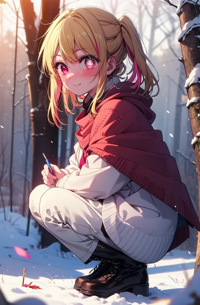 rubyhoshino, Hoshino Ruby, Long Hair, bangs, Blonde, (Pink Eyes:1.3), Side Lock, (Symbol-shaped pupil:1.5), Multicolored Hair, Two-tone hair, smile,,smile,blush,White Breath,
Open your mouth,snow,Ground bonfire, Outdoor, boots, snowing, From the side, wood, suitcase, Cape, Blurred, , forest, White handbag, nature, Squat, Mouth closed, Cape, winter, Written boundary depth, Black shoes, red Cape break looking at viewer, Upper Body, whole body, break Outdoor, forest, nature, break (masterpiece:1.2), Highest quality, High resolution, unity 8k wallpaper, (shape:0.8), (Beautiful and beautiful eyes:1.6), Highly detailed face, Perfect lighting, Highly detailed CG, (Perfect hands, Perfect Anatomy),