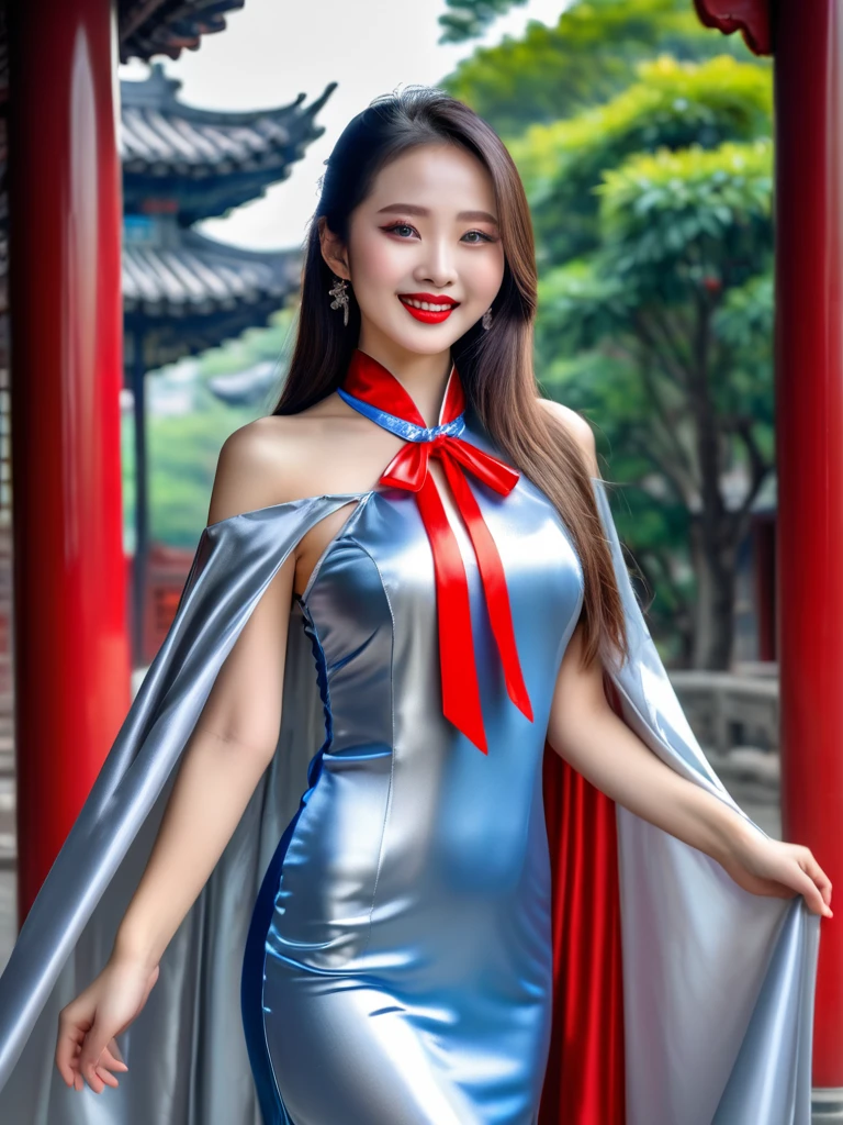 breathtakingly beautiful smiling Chinese girl , long  hair , blue eyes , red lips ,(((wearing  a long shiny silver cape tied at neck with ribbo)))+++ , cheongsam , full body , 8K , insane details, lifelike, elegant ,  DSLR ,HDR , film grain