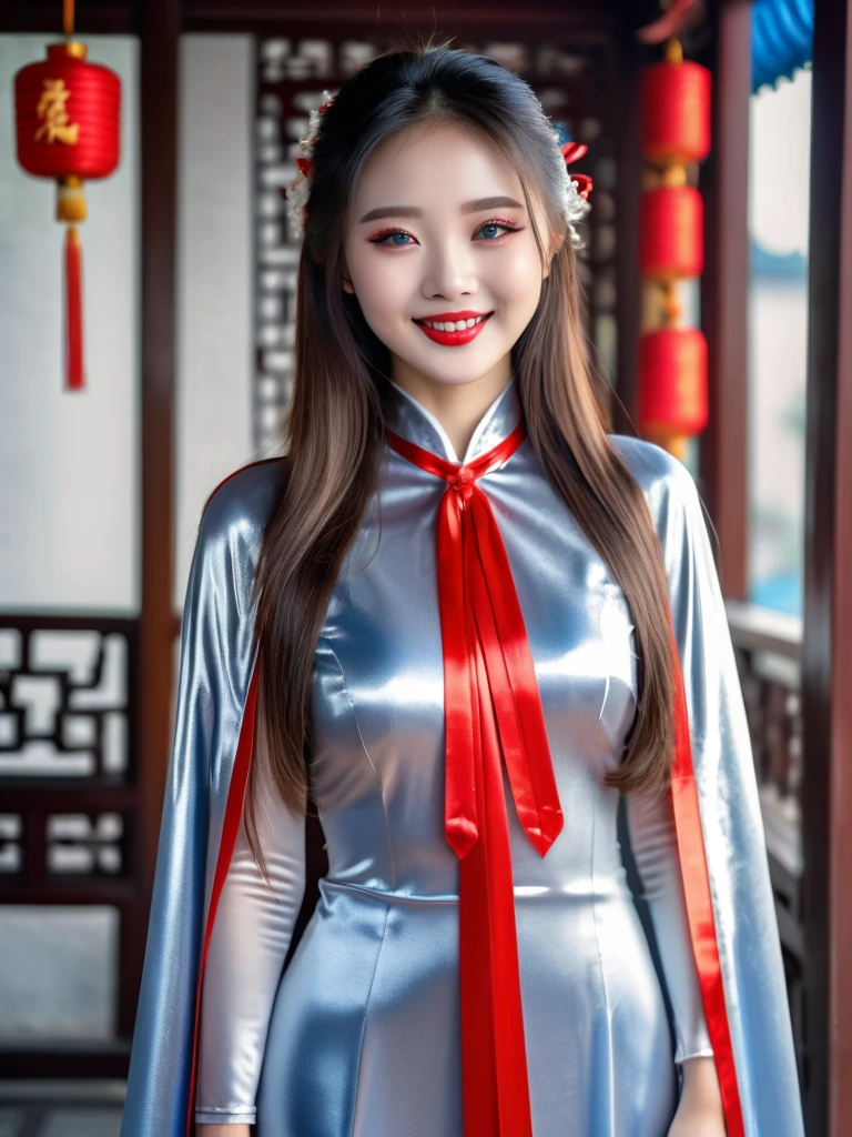 breathtakingly beautiful smiling Chinese girl , long  hair , blue eyes , red lips ,(((wearing  a long shiny silver cape tied at neck with ribbo)))+++ , cheongsam , full body , 8K , insane details, lifelike, elegant ,  DSLR ,HDR , film grain