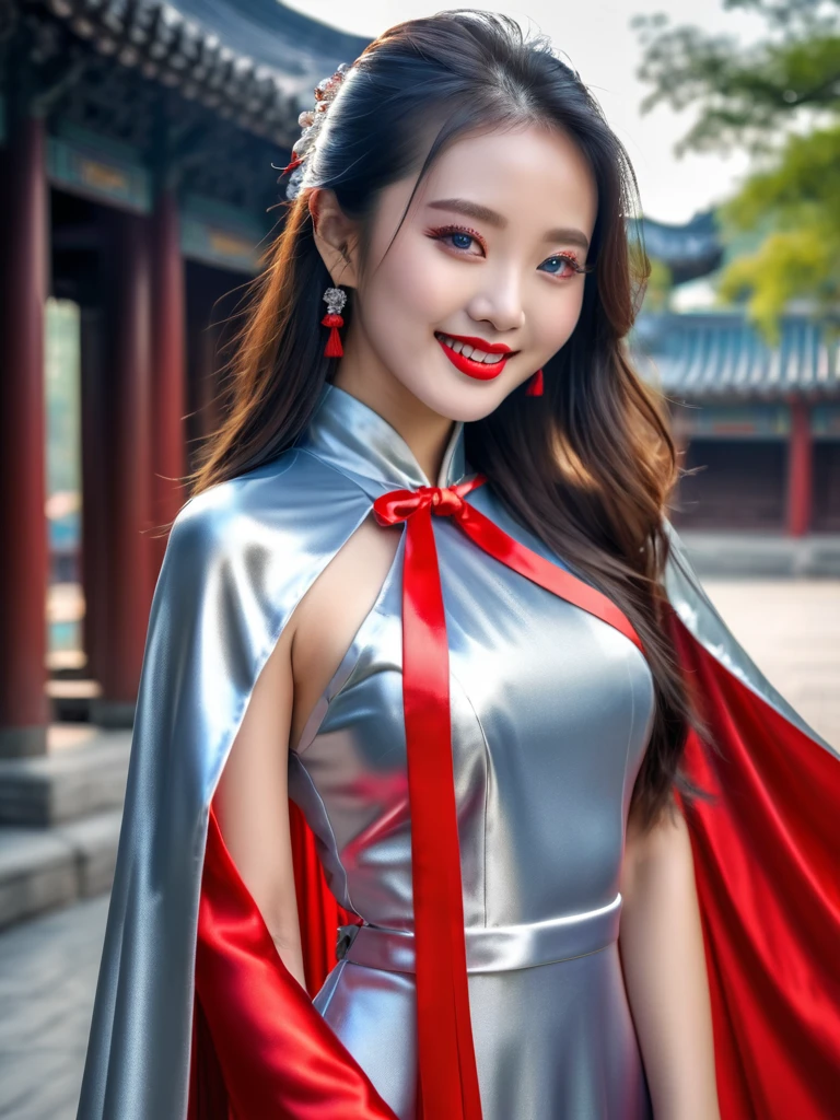 breathtakingly beautiful smiling Chinese girl , long hair , blue eyes , red lips ,(((wearing a long shiny silver cape tied at neck with ribbo)))+++ , cheongsam , full body , 8K , insane details, lifelike, elegant , DSLR ,HDR , film grain