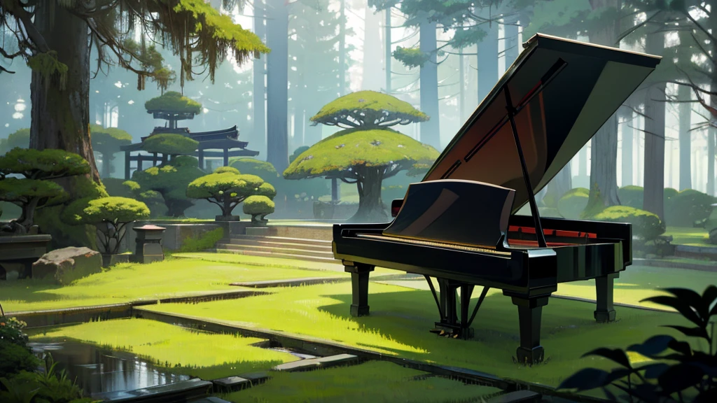 A large black grand piano stands in a mossy Japanese garden