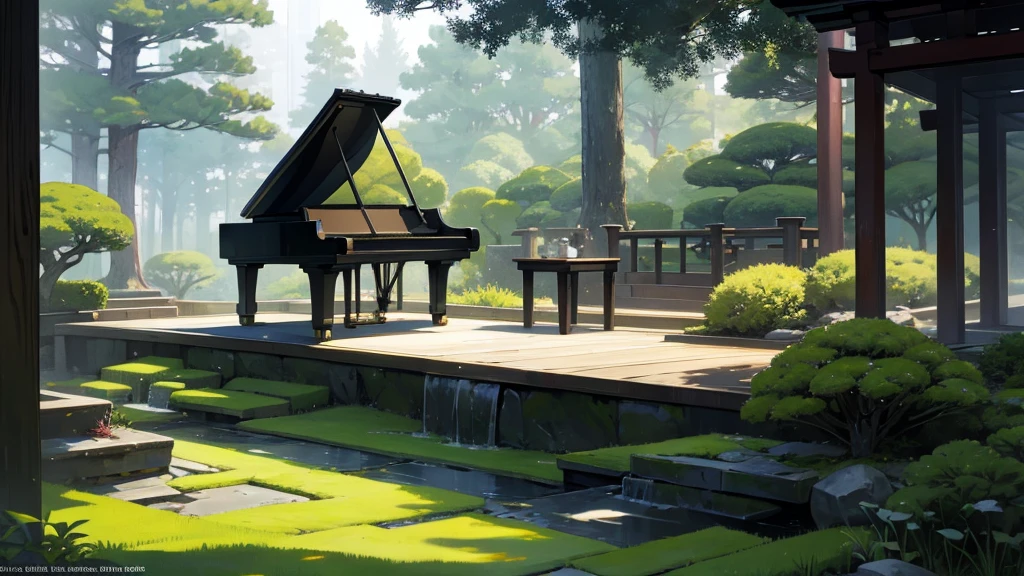 A large black grand piano stands in a mossy Japanese garden