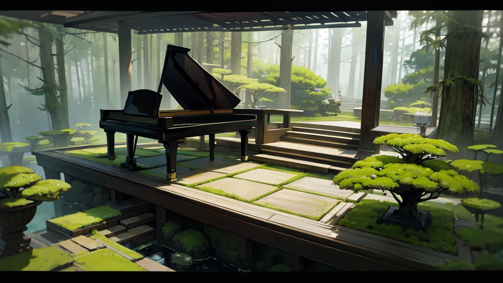 A large black grand piano stands in a mossy Japanese garden