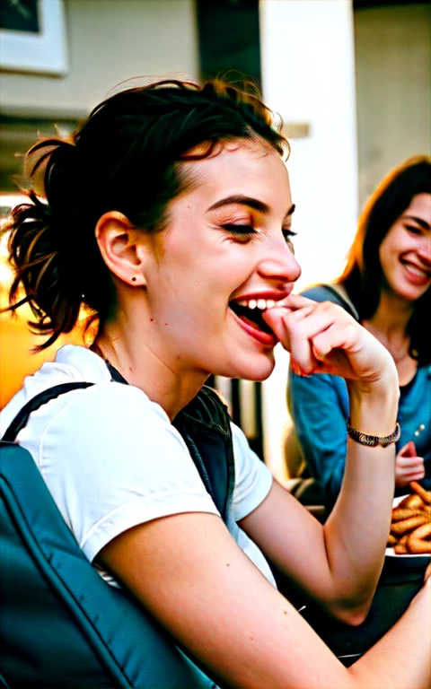 des amis dans un fastfood style analogique, Photo brute, la photographie, hyper photoréaliste, amateur photo shot oF friends laughing and eating, dans un fastfood, peaux détaillées, soFt natural raw light, très détaillé, meilleure qualité, ultra détaillé, extrêmement détaillé, taken From mobile camera, F/22, deep depth oF Field, grain, bruit